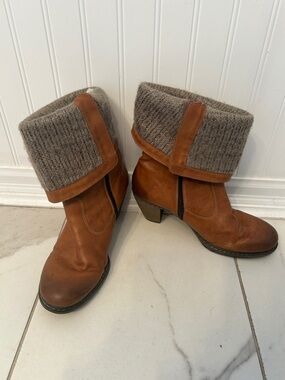 Rieker 8.5 Women's Brown Leather Mid-Heel Boots with Knit Cuff